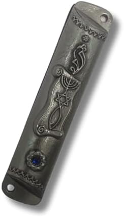 Silver Mezuzah with Scroll - Antique Look Blue Stone Accent 4 Inches Tall