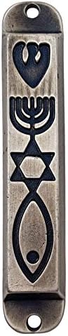 Pewter Messianic Seal Mezuzah Case with Scroll 4 Inch