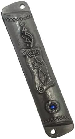 Silver Mezuzah with Scroll - Antique Look Blue Stone Accent 4 Inches Tall