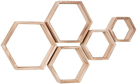 WONFUlity Hexagon Floating Shelf Wall Mount Wood Decor