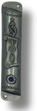 Silver Mezuzah with Scroll - Antique Look Blue Stone Accent 4 Inches Tall