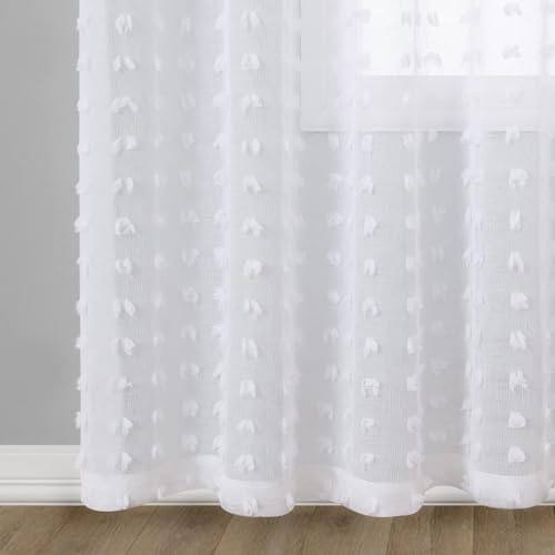 Guken White Pom Pom Curtains 63 Inches Long for Kids Bedroom