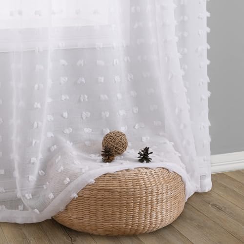 Guken White Pom Pom Curtains 63 Inches Long for Kids Bedroom