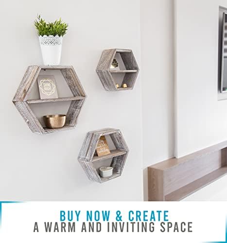 Comfify Rustic White Hexagonal Floating Shelves Set of 3