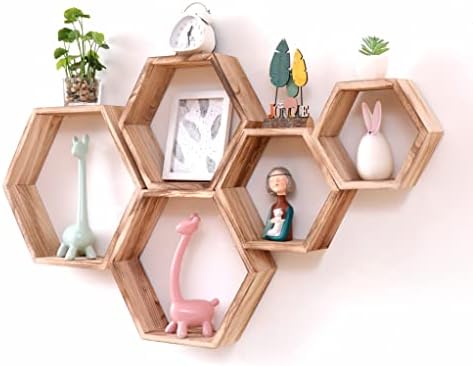 WONFUlity Hexagon Floating Shelf Wall Mount Wood Decor