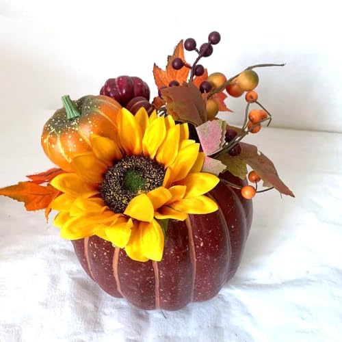 Fall Pumpkin Decor Centerpiece with Artificial Sunflowers and Autumn Leaves
