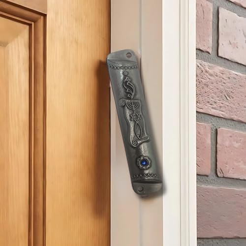 Silver Mezuzah with Scroll - Antique Look Blue Stone Accent 4 Inches Tall