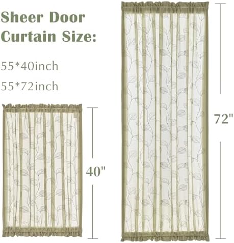 Jinchan Sage Green French Door Curtain with Leaf Embroidery
