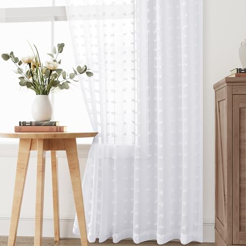 Guken White Pom Pom Curtains 63 Inches Long for Kids Bedroom