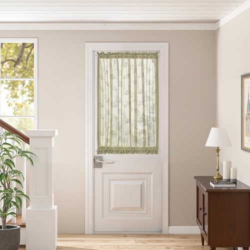 Jinchan Sage Green French Door Curtain with Leaf Embroidery
