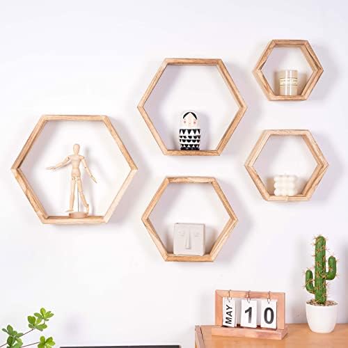 WONFUlity Hexagon Floating Shelf Wall Mount Wood Decor