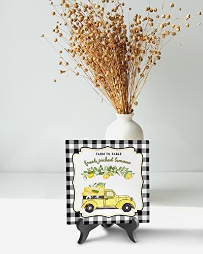 ZOE GARDEN Summer Lemon Black White Buffalo Plaid Farm Check Ceramic Ornament 63x63