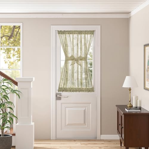 Jinchan Sage Green French Door Curtain with Leaf Embroidery