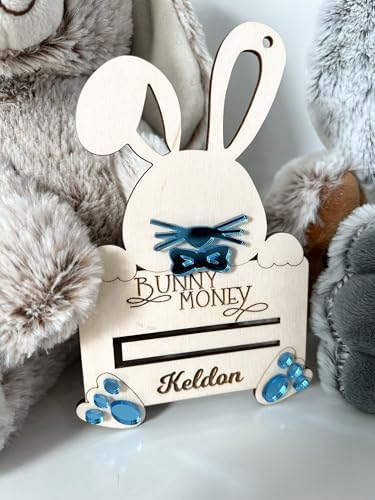 Custom Name Easter Bunny Money Holder - Wooden Basket Decoration