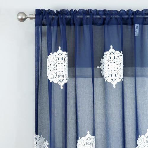 VOGOL White Flower Embroidered Sheer Curtains 2 Panels