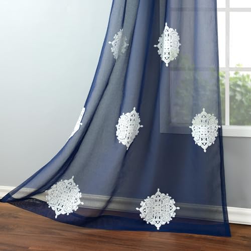 VOGOL White Flower Embroidered Sheer Curtains 2 Panels