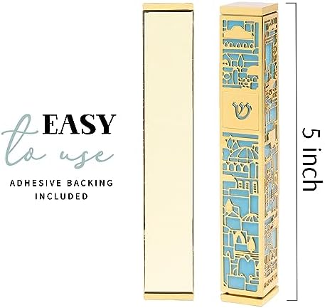 SURI Mezuzah with Jerusalem Design 5-Inch Gold Turquoise Case