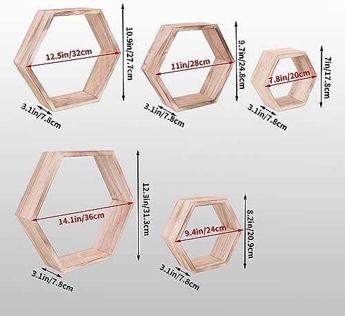 WONFUlity Hexagon Floating Shelf Wall Mount Wood Decor