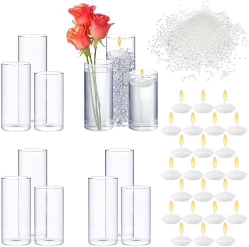 Sawysine 12 Pcs Glass Cylinder Vase with Floating Candles and Water Gel Beads