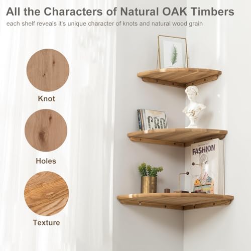 Set of 2 Floating Corner Shelves in Solid Oak Wood