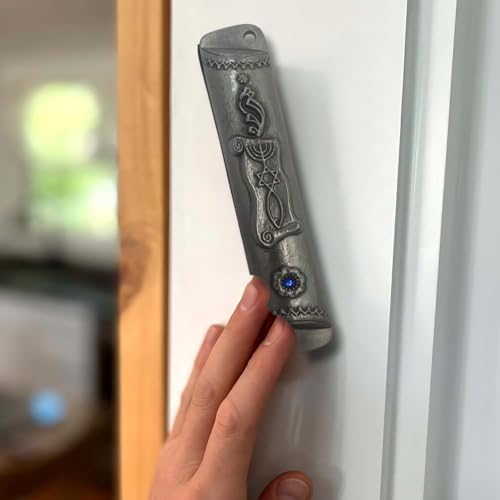 Silver Mezuzah with Scroll - Antique Look Blue Stone Accent 4 Inches Tall