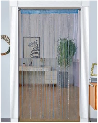 Beaded Door Curtain with Crystal Beads and Tassel Blue