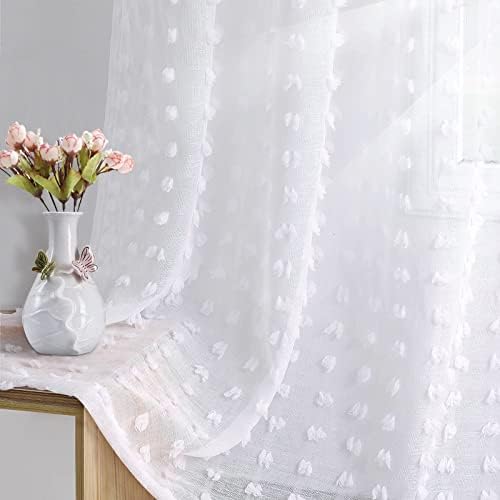 Guken Grommet Pom Pom Sheer Curtains 2 Panels 63 Inch Length