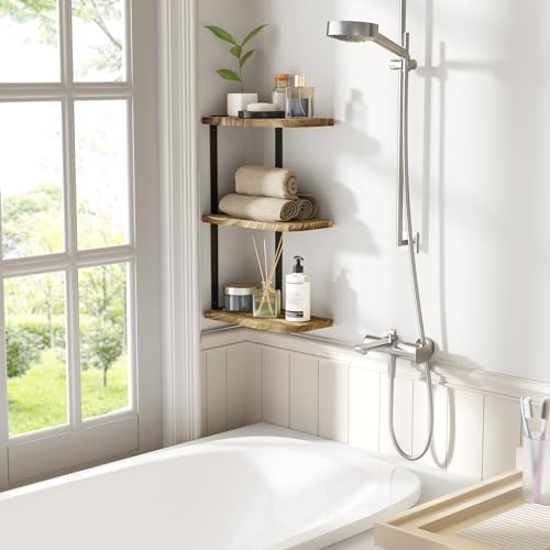 Love-KANKEI 3 Tier Rustic Wood Floating Corner Shelf