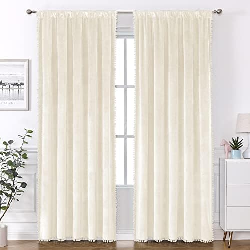 VANASEE Velvet Pompom Curtains 52x63 Inch 2 Panels Blackout