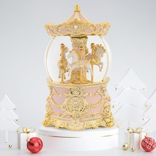 Carousel Music Box Gold Pink Christmas Snow Globe