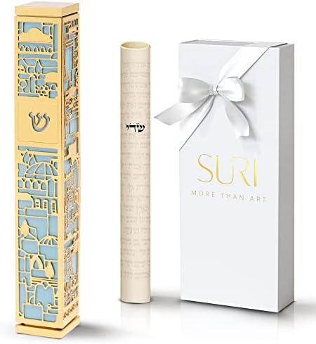 SURI Mezuzah with Jerusalem Design 5-Inch Gold Turquoise Case