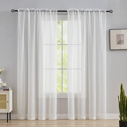 Home Brilliant Semi Sheer Curtains Set of 2 White Striped Panels 54x63