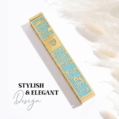 SURI Mezuzah with Jerusalem Design 5-Inch Gold Turquoise Case