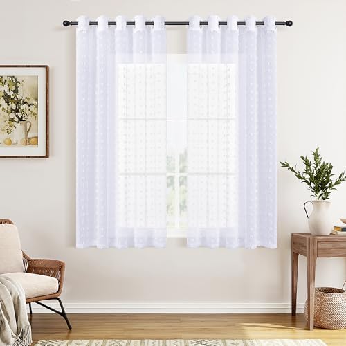 Guken Grommet Pom Pom Sheer Curtains 2 Panels 63 Inch Length