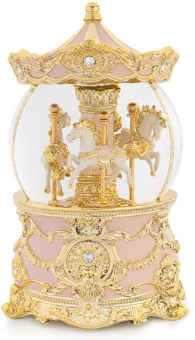 Carousel Music Box Gold Pink Christmas Snow Globe
