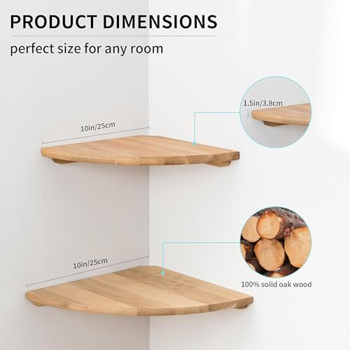 Set of 2 Floating Corner Shelves in Solid Oak Wood