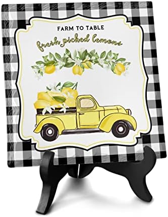 ZOE GARDEN Summer Lemon Black White Buffalo Plaid Farm Check Ceramic Ornament 63x63