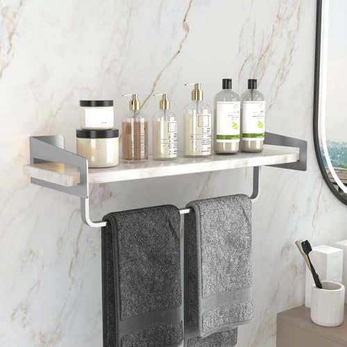 Marble Bathroom Wall Shelf with Towel Bar Silver