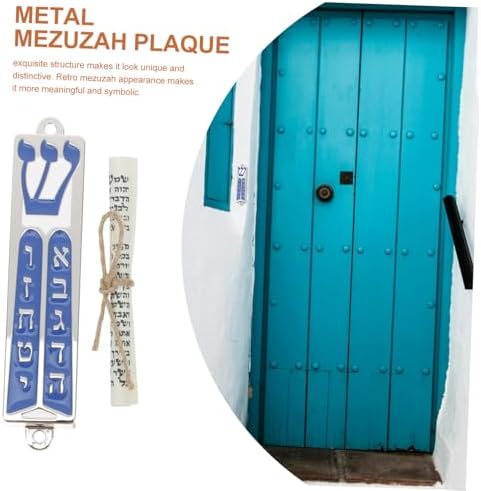 Jewish Mezuzah Door Blessing Scroll with Blue Enamel Design