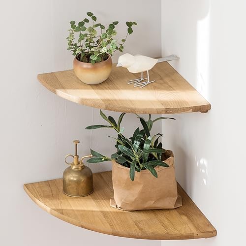 Set of 2 Floating Corner Shelves in Solid Oak Wood