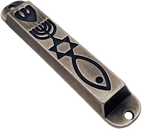 Pewter Messianic Seal Mezuzah Case with Scroll 4 Inch