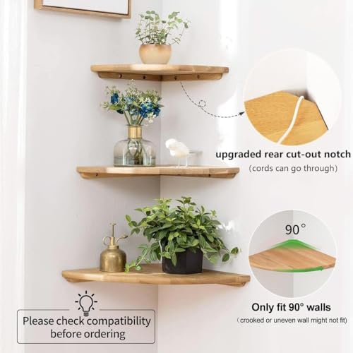 Set of 2 Floating Corner Shelves in Solid Oak Wood