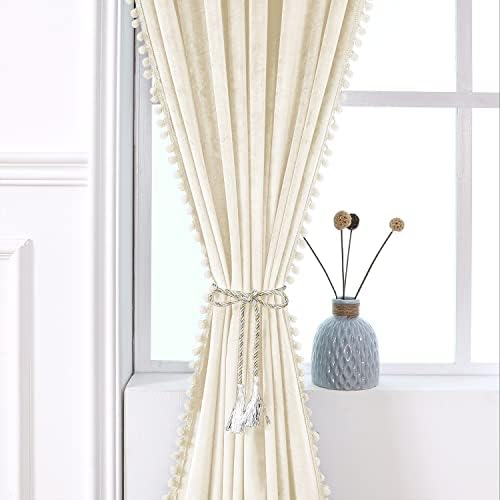 VANASEE Velvet Pompom Curtains 52x63 Inch 2 Panels Blackout