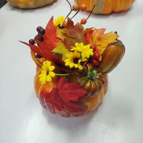 Fall Pumpkin Decor Centerpiece with Artificial Sunflowers and Autumn Leaves