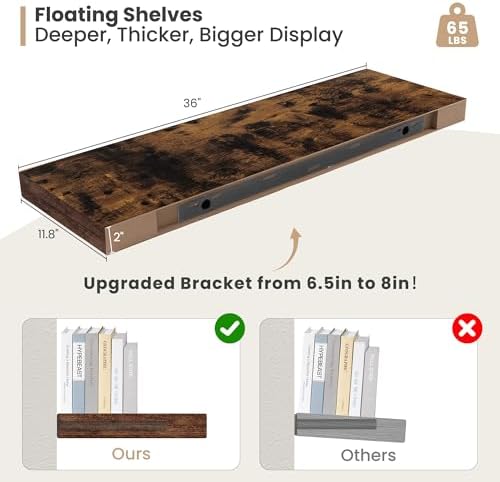 Heimlove 12 Deep Floating Shelves 2 Pack Rustic Brown
