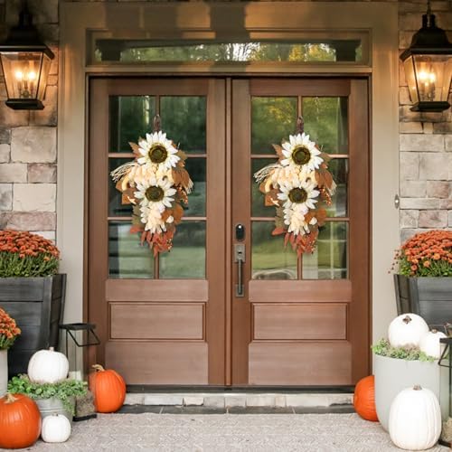 IPOPU 2PCS Fall Teardrop Wreath for Front Door
