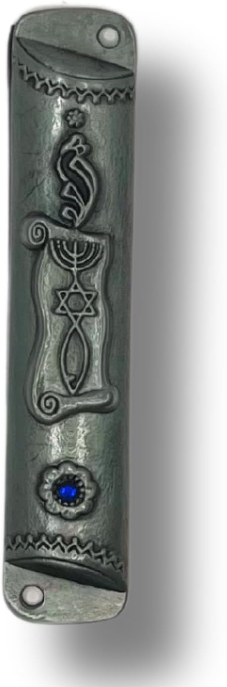 Silver Mezuzah with Scroll - Antique Look Blue Stone Accent 4 Inches Tall