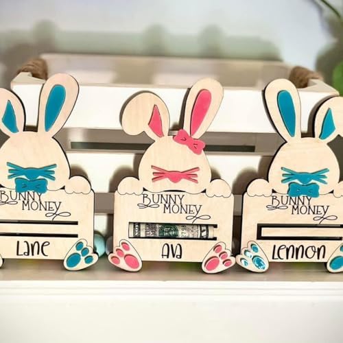Custom Name Easter Bunny Money Holder - Wooden Basket Decoration