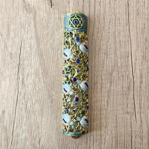Hand Painted Mezuzah with Blue Crystal Accent