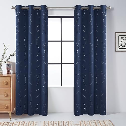 BUHUA Blackout Curtains with Floral Pattern Navy 72 Inch Length 2 Panels